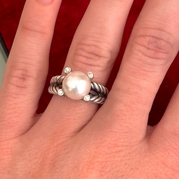David Yurman Sterling Silver Cable Ring with Pearl & Diamonds – SIZE 7 - Picture 3 of 6